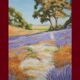 Oil painting on wooden panel, lavender landscape with lilacs and trees.