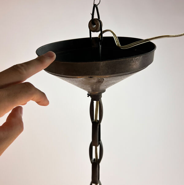 Suspension original en verre et cuivre Phililite Philips, années 1930
