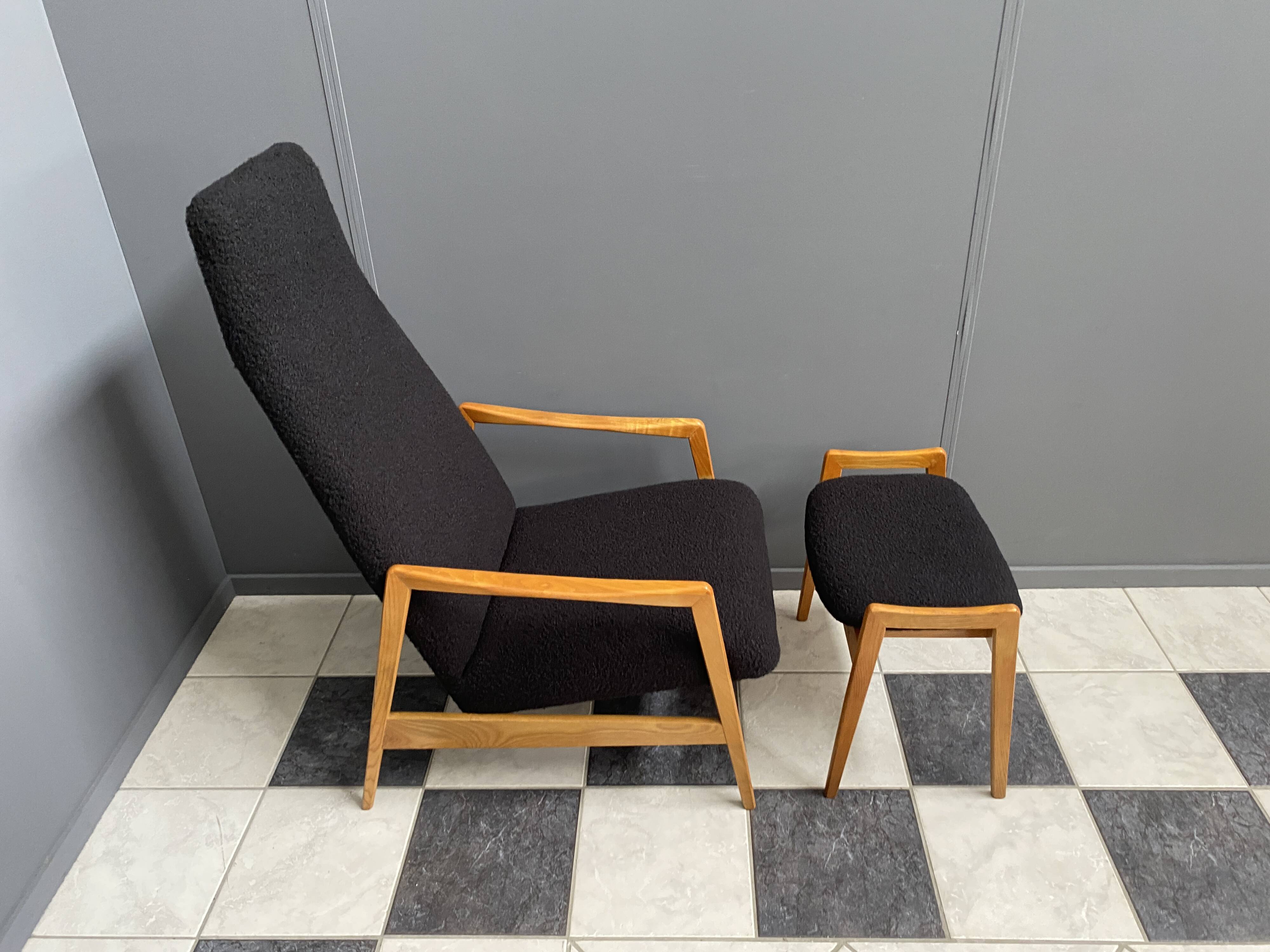 Highback chair with ottoman in black boucle