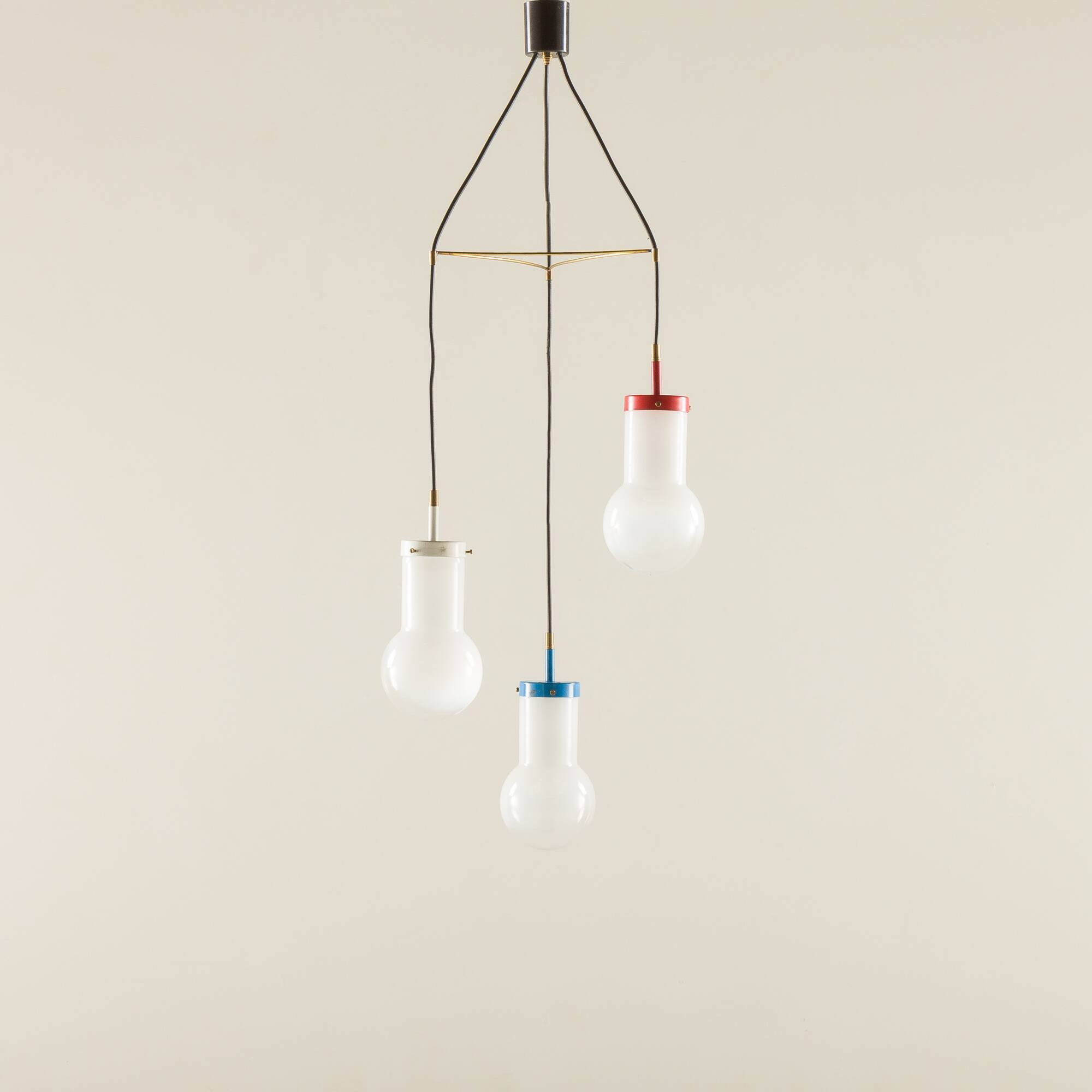 Italian pendant lamp with “lattimo” Murano glass shades, mid century modern