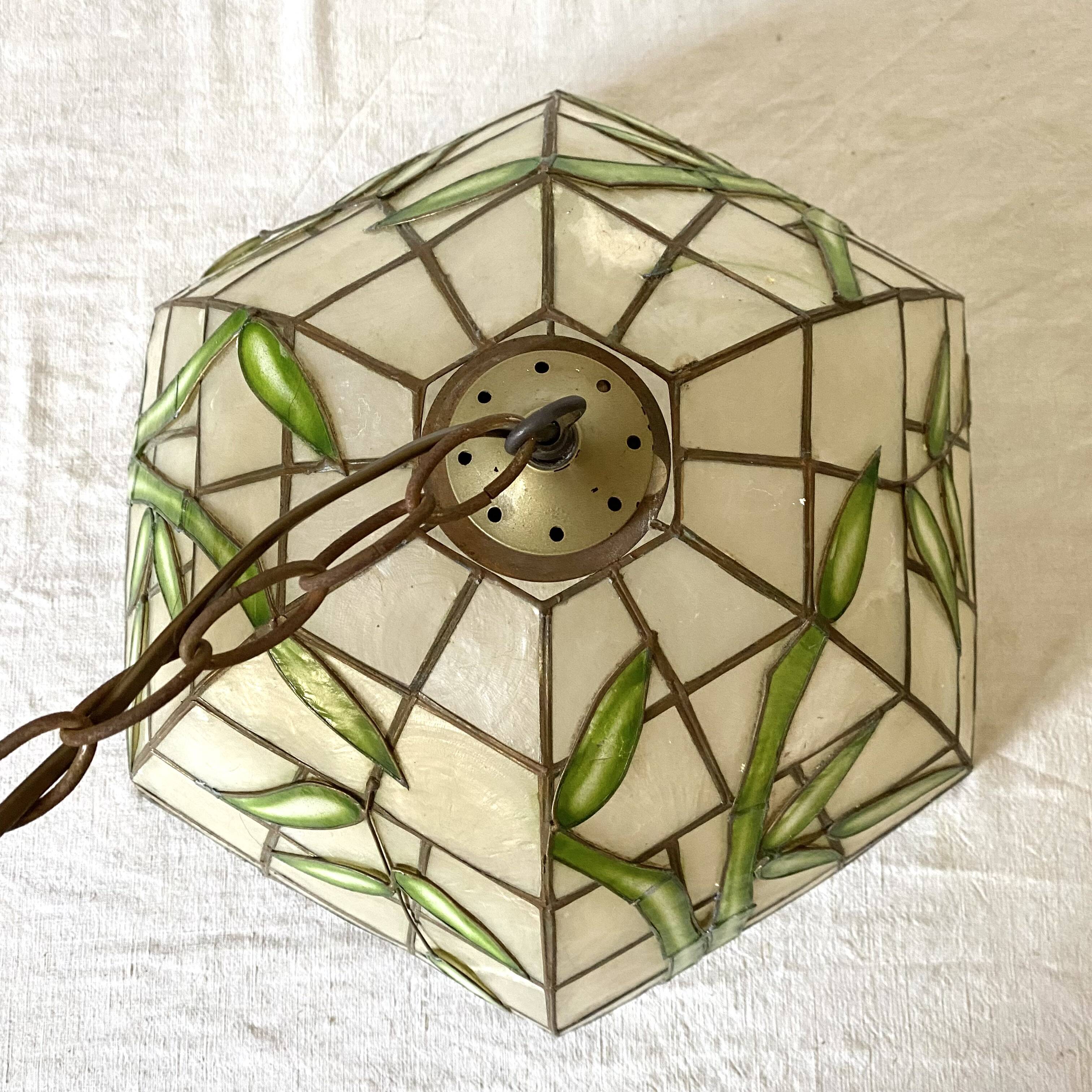 Pendant lamp in mother-of-pearl and brass with bamboo decor