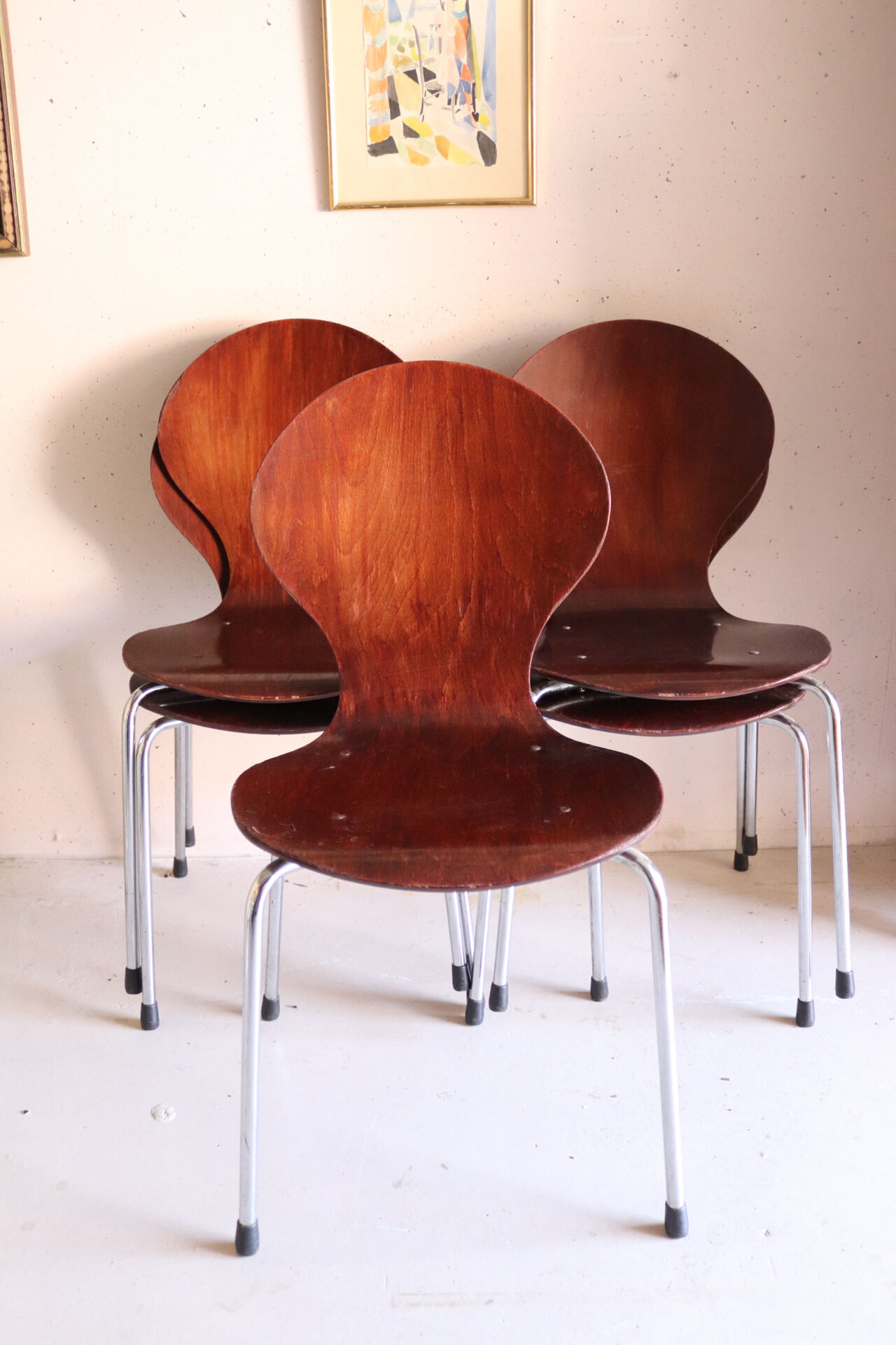 5 chaises style fourmi en contreplaqué moulé et métal chromé, esprit s