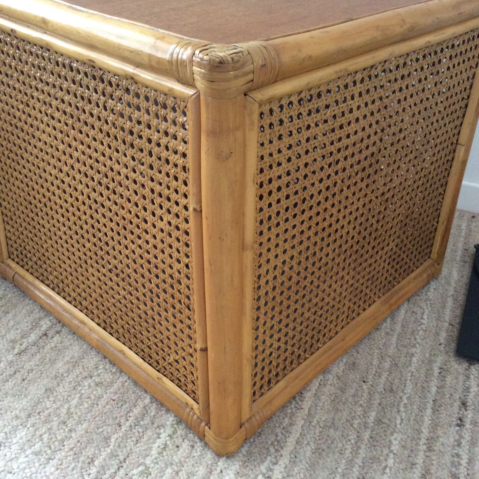 Trio of vintage tables in canning and rattan