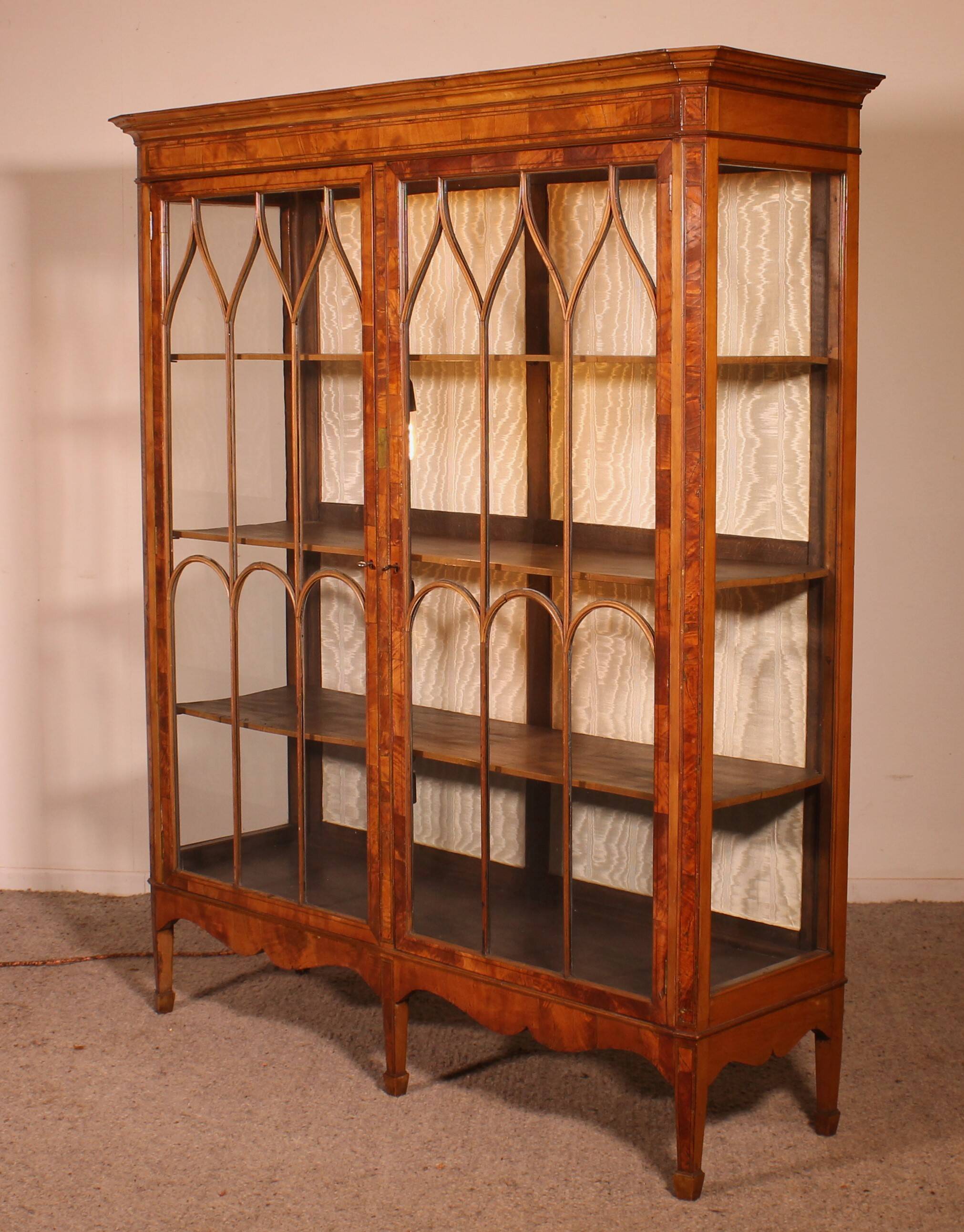 19th Century Mahogany and Burr Walnut Display Cabinet with Lighting