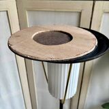 Lampadaire tripode en métal noir et doré et opaline blanche