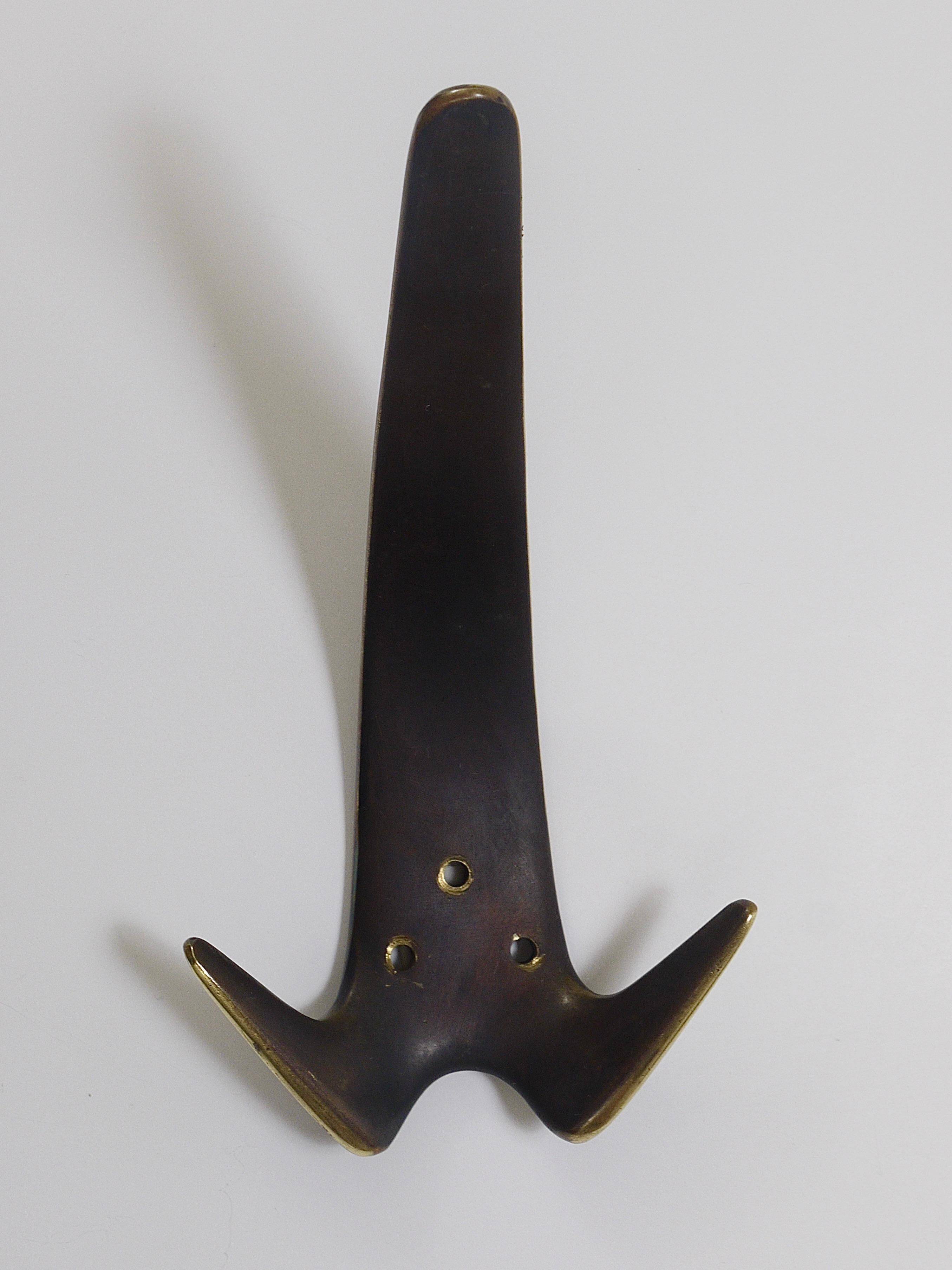 Carl Aubock Two large double wall hooks in brass #4056, Austria, 1950s