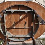 Round wooden table with 1 integrated extension + 6 wooden and fabric chairs