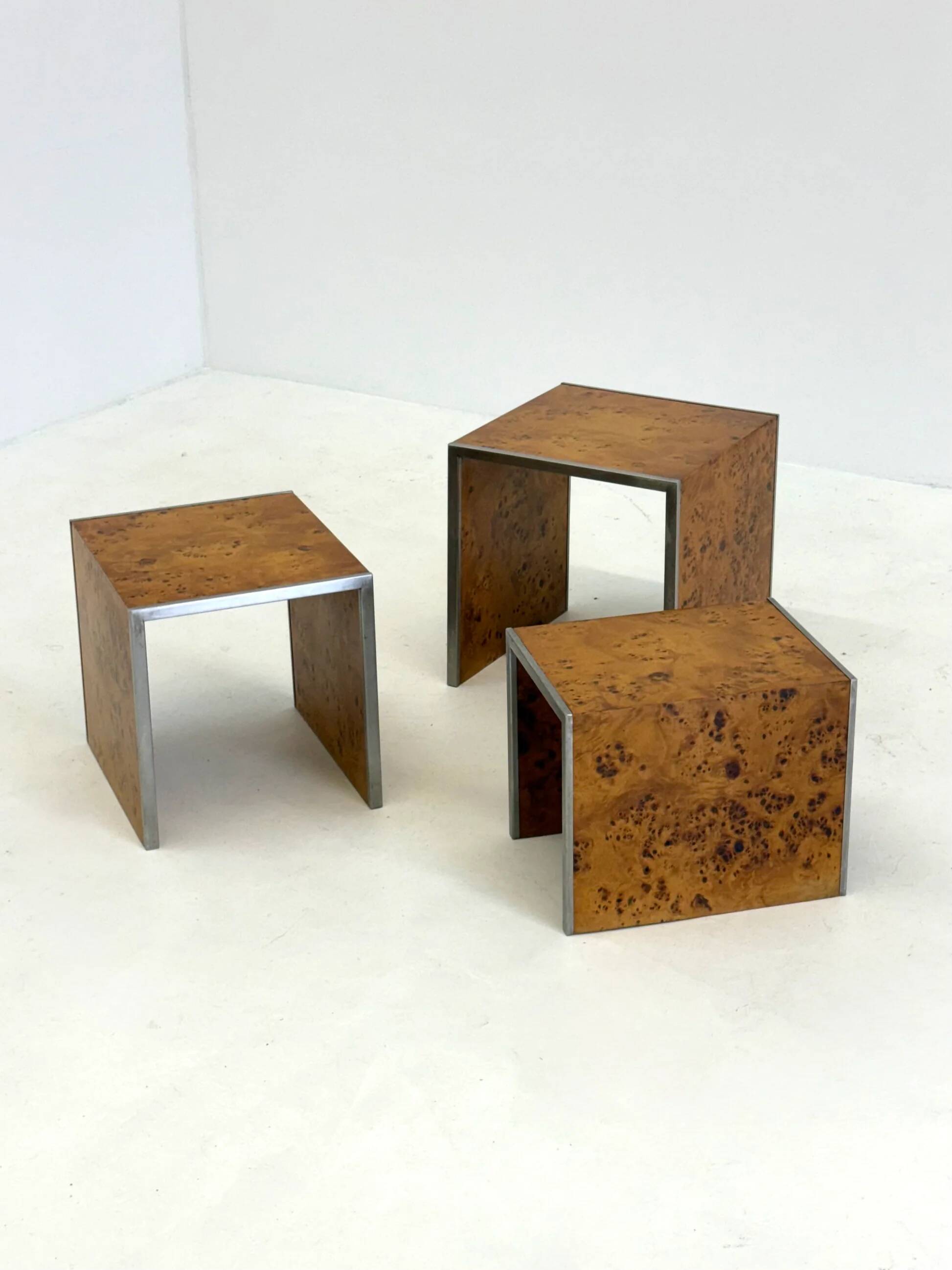 Set of three Tommaso Barbi mid-century modern burl wood nesting tables