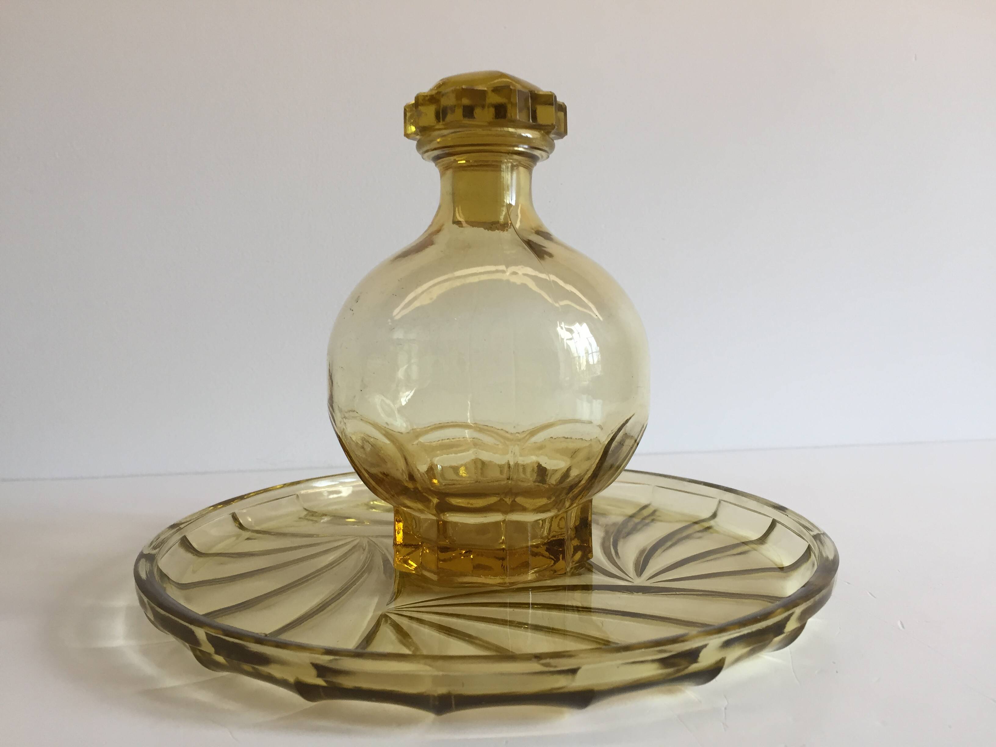 ART DECO Tray and Carafe Amber Yellow Glass