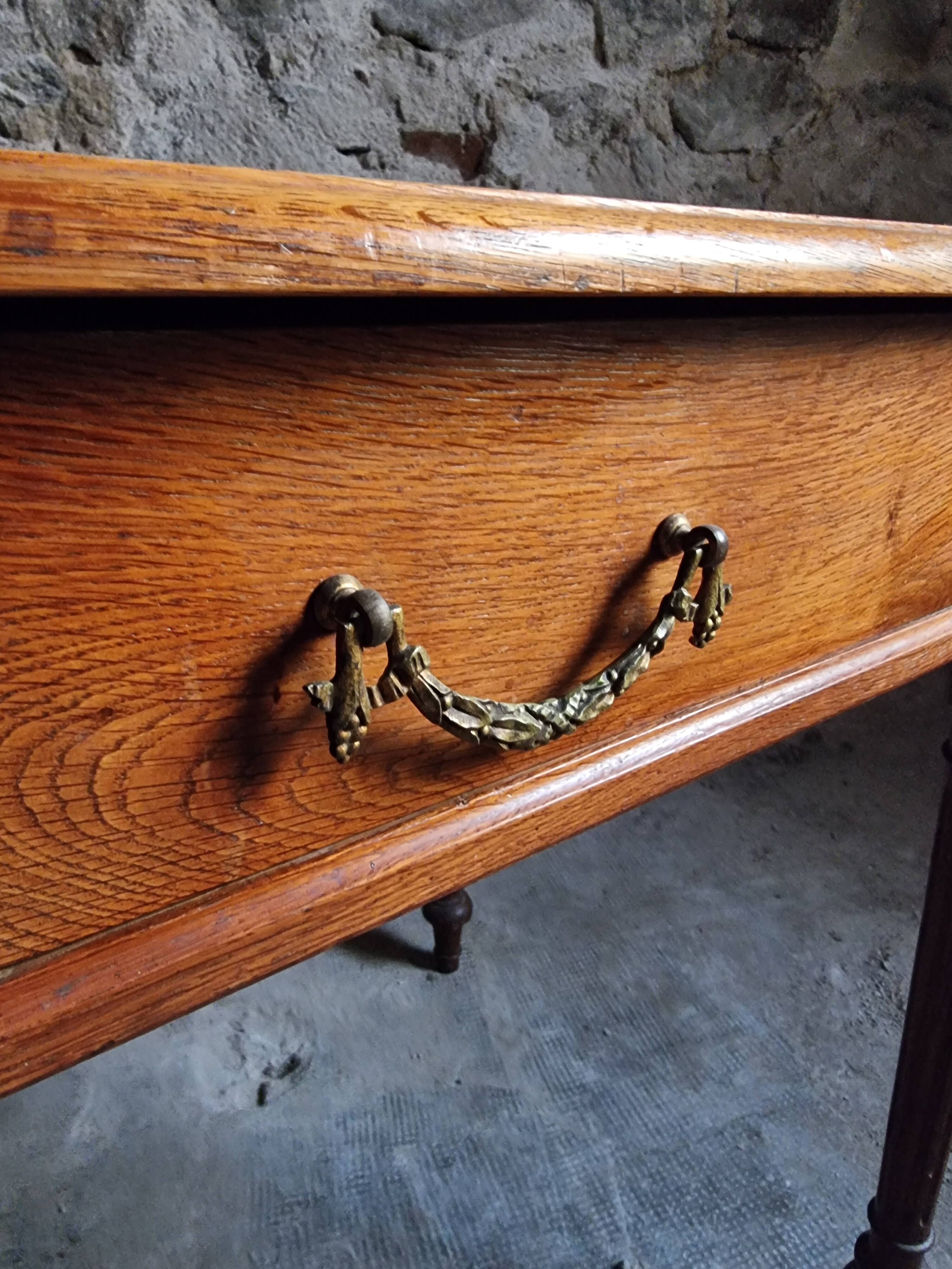 Antique oak writing table with drawer, French side table, console, solid oak desk, circa 1930–1950.