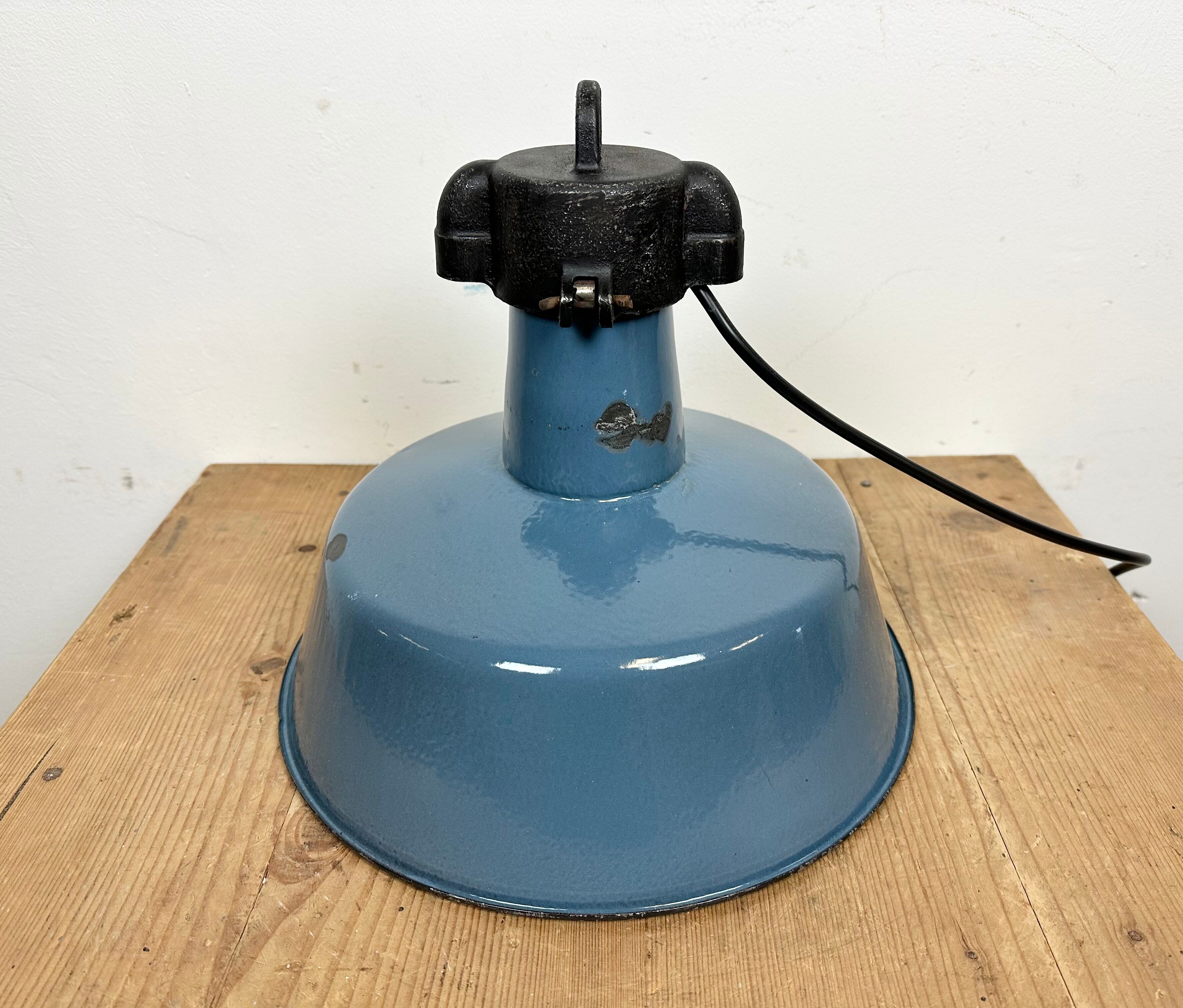 Industrial Blue Enamel Factory Lamp with Cast Iron Top, 1960s