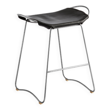 Contemporary organic bar stool Kitchen bar stool Old silver metal Black leather