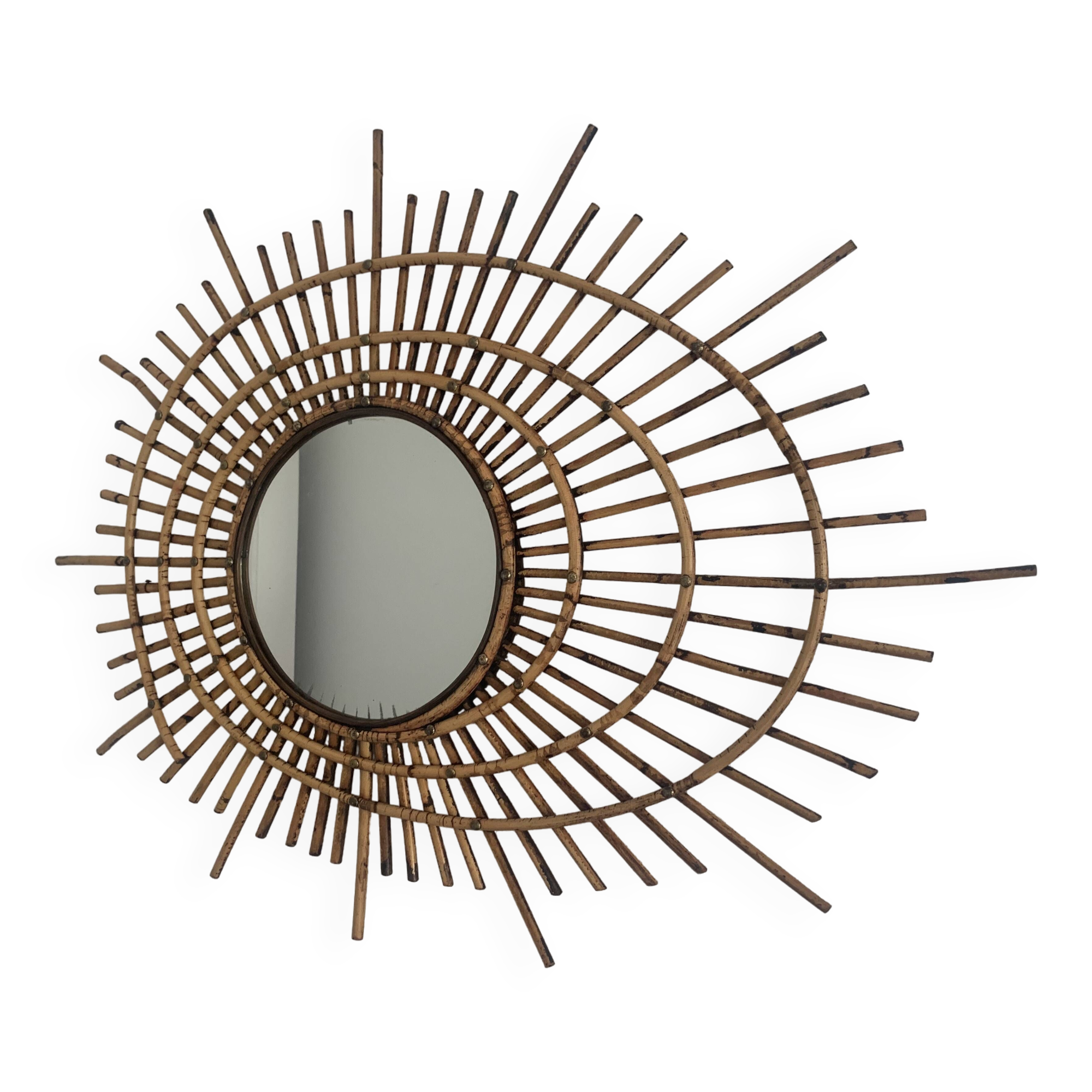 Miroir vintage 1960 soleil rotin style ORTF - 83 x 65 cm