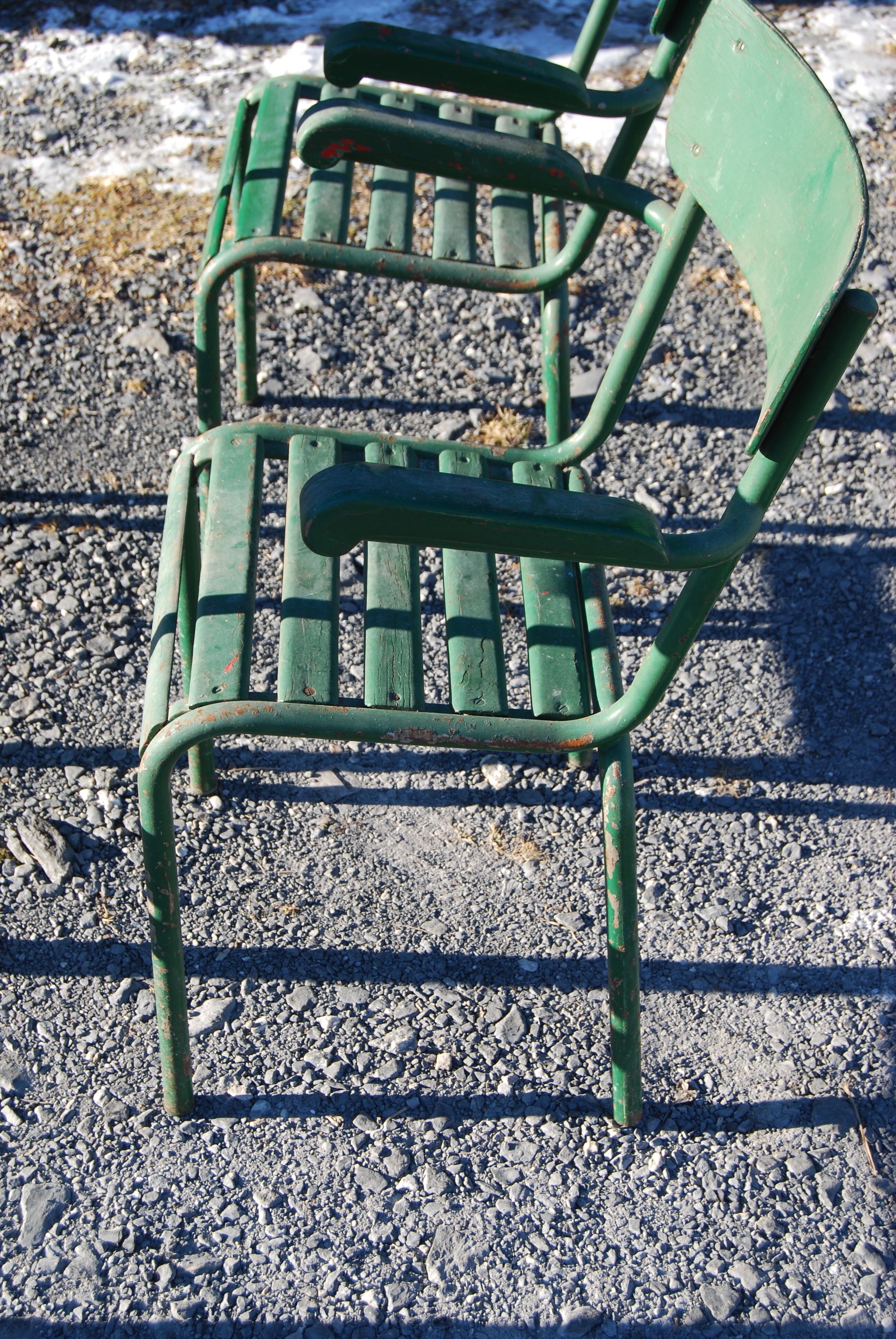 4 stackable garden armchairs wooden slats and metal tubes from the 50s