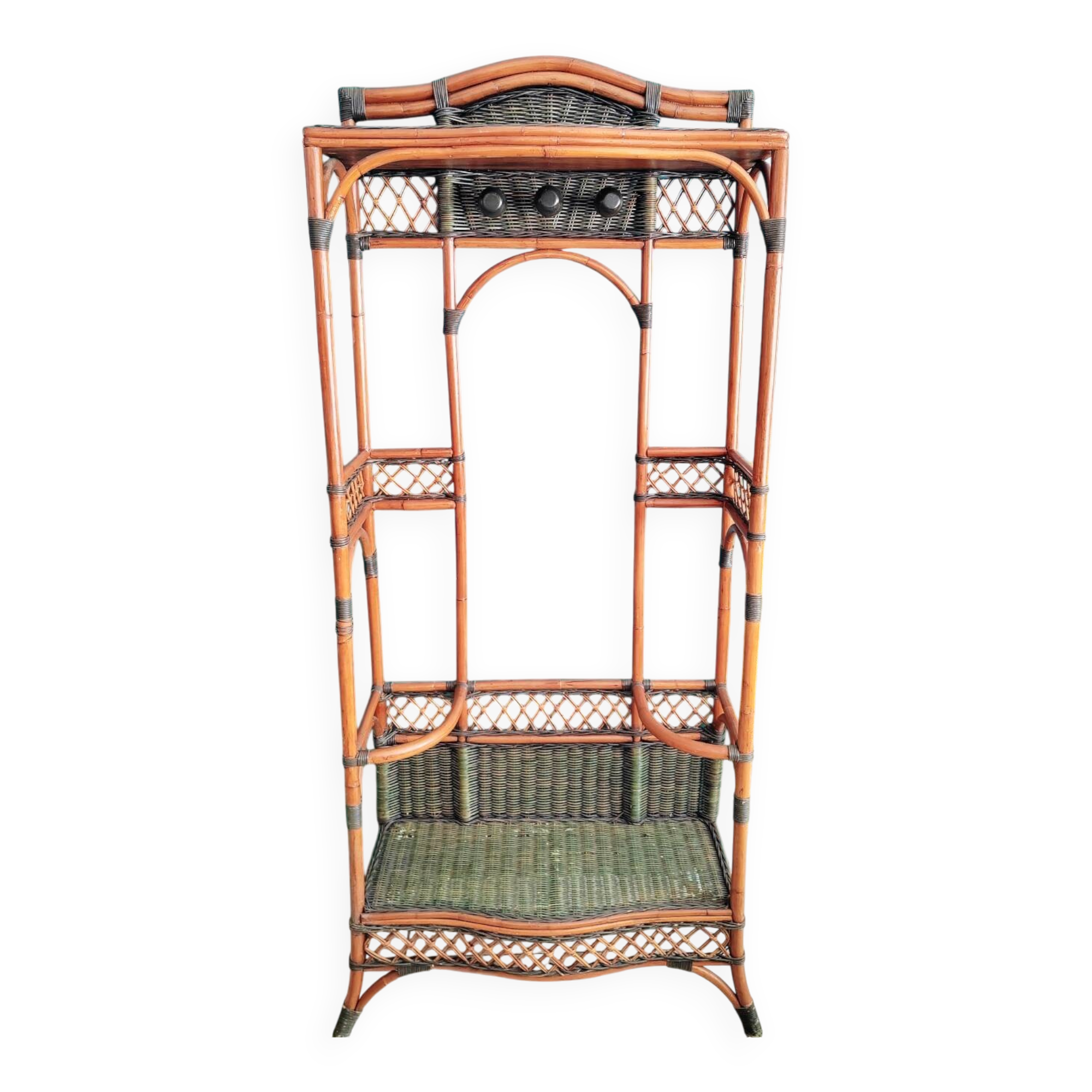 Antique rattan and bamboo coat rack