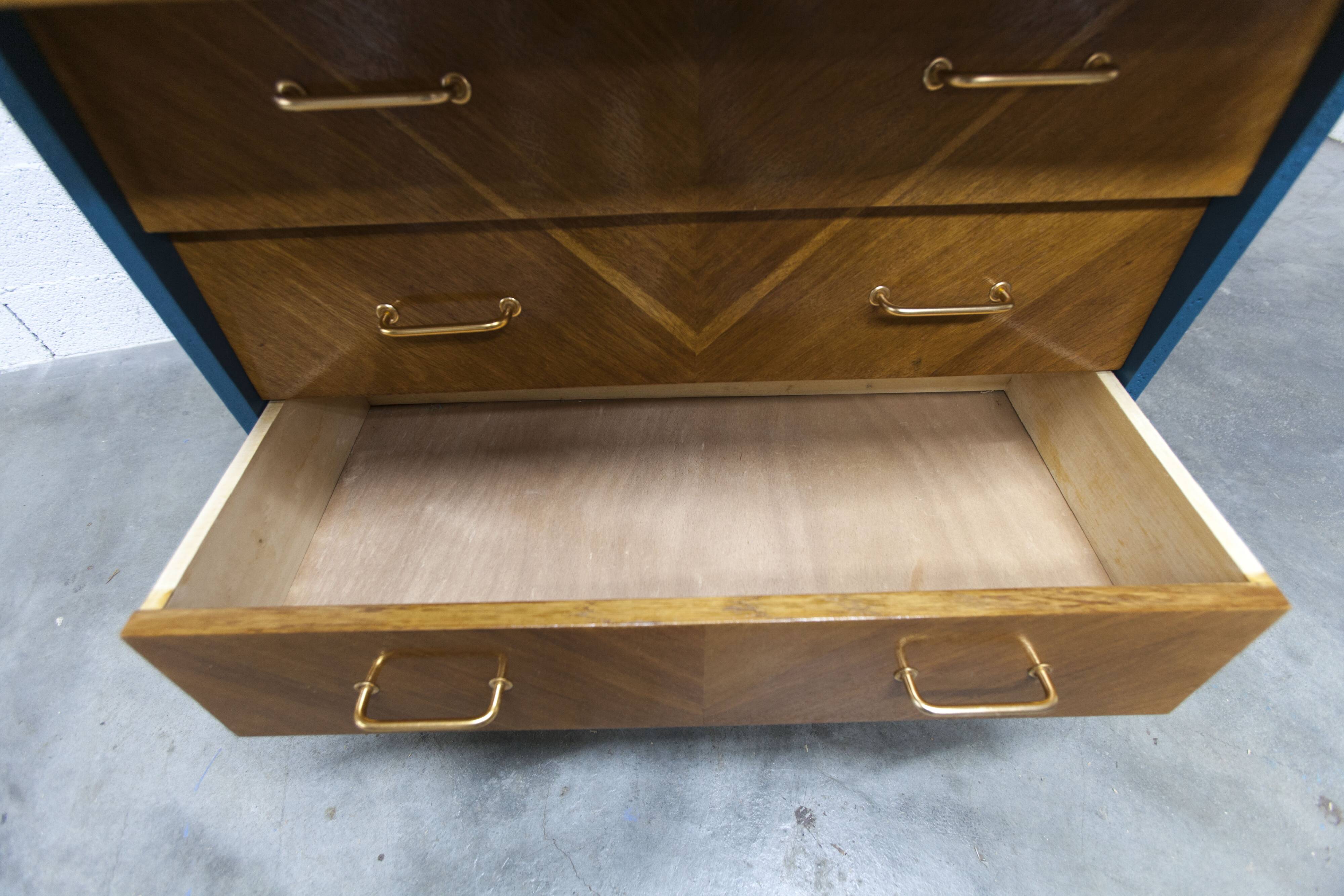 Commode scandinave 1960 atypique bleu Satiné 4 tiroirs