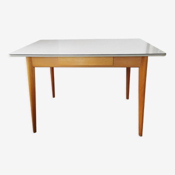 Table vintage en formica et bois, pied compas