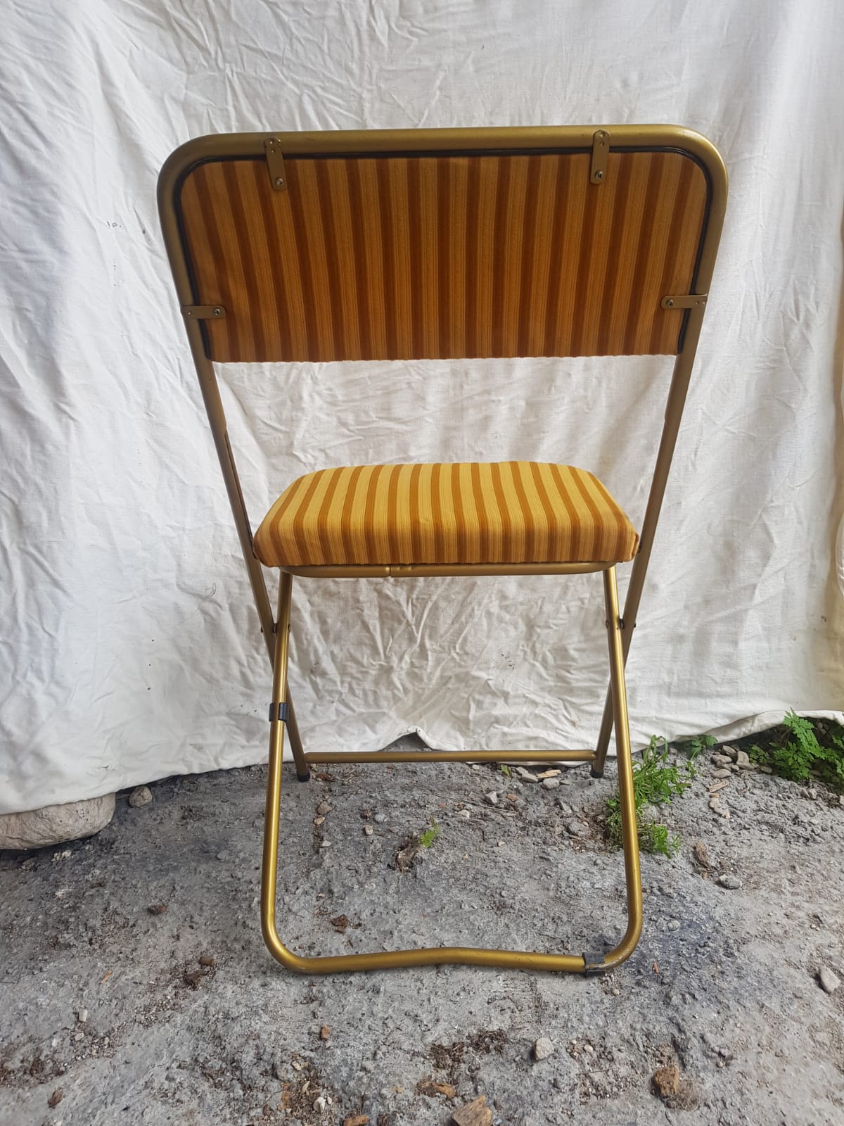 Old folding chair lafuma metal gold with fabric yellow stripes vintage