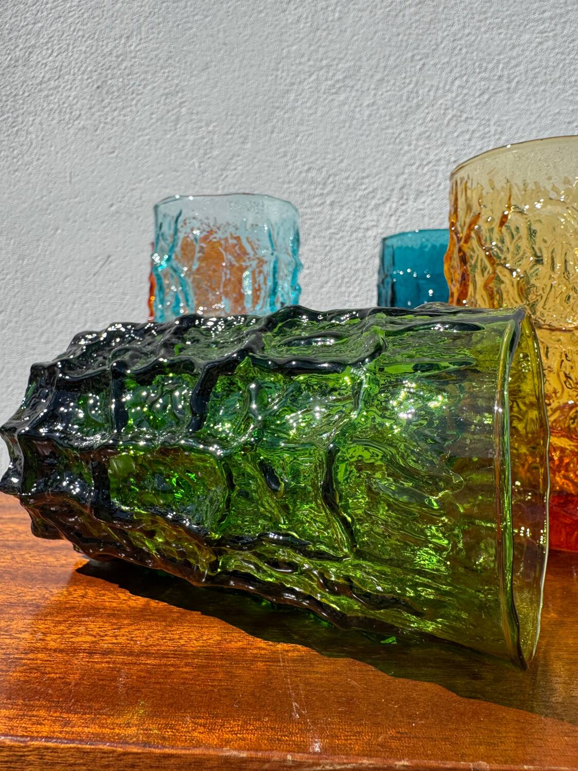 Large multicoloured glasses by Geoffrey Baxter from the 1960s.