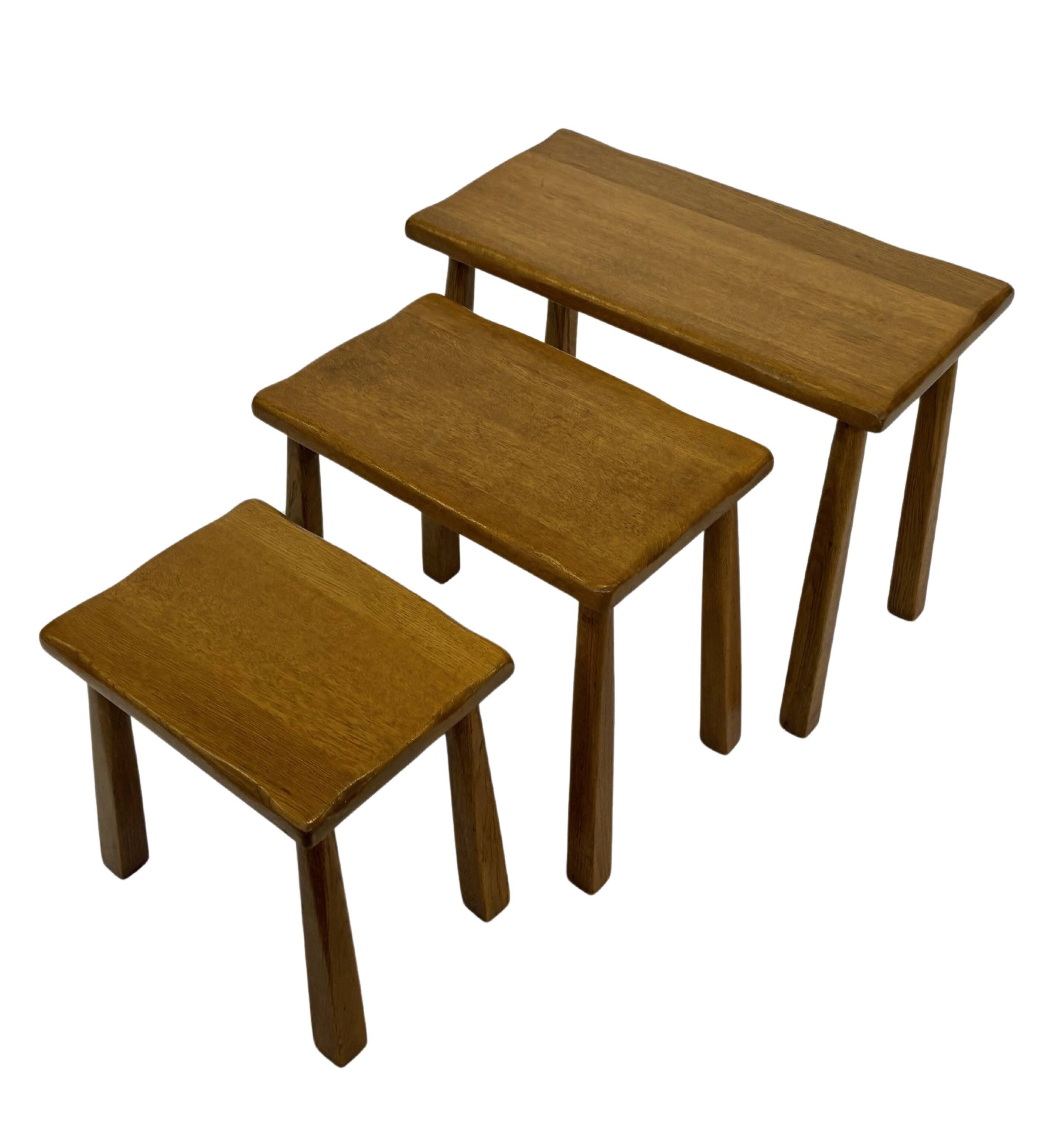 Vintage Set of 3 brutalist oak side or nesting tables 1970s