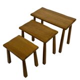 Vintage Set of 3 brutalist oak side or nesting tables 1970s