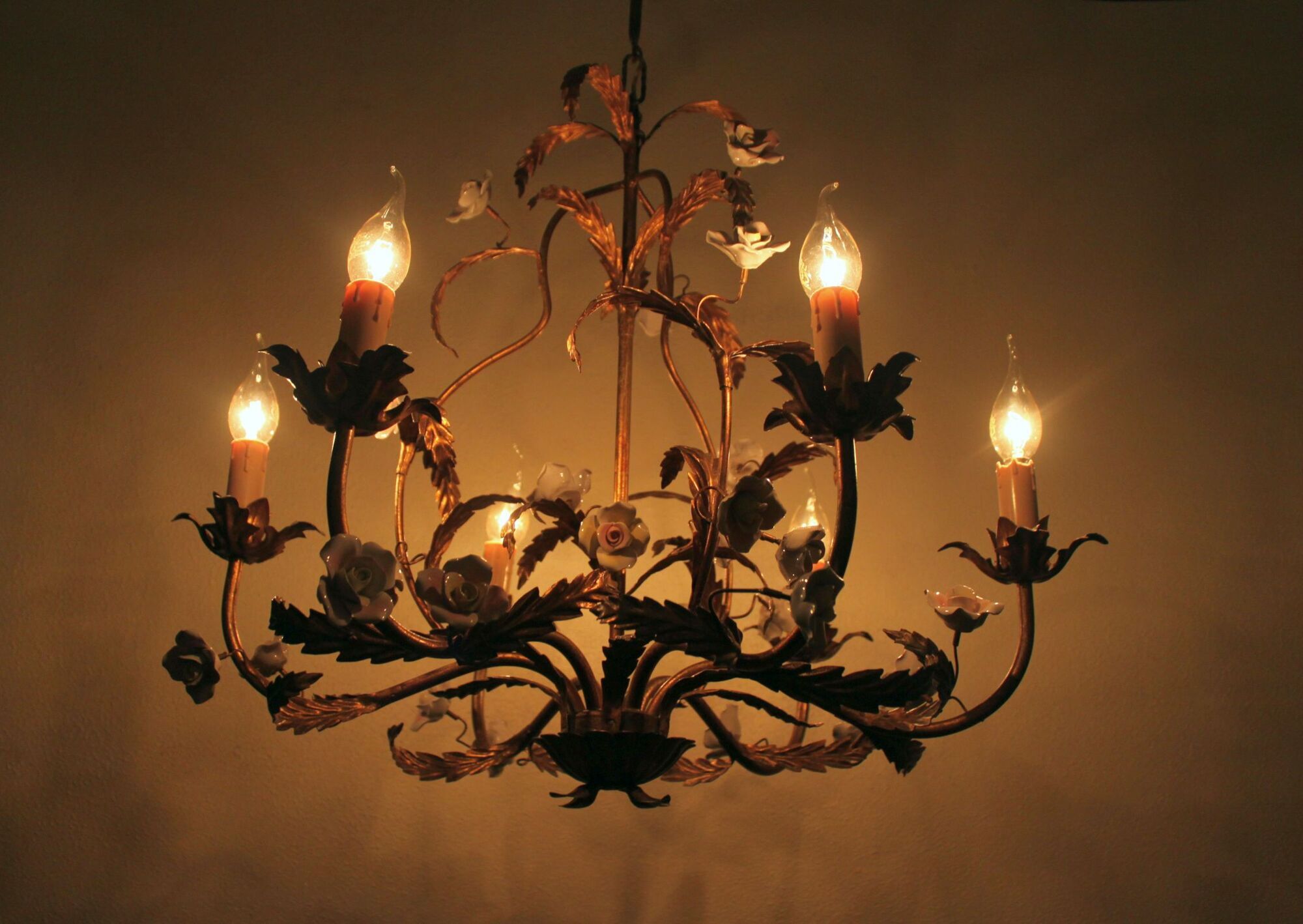 Golden metal chandelier with porcelain flowers, 50's