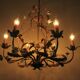 Golden metal chandelier with porcelain flowers, 50's