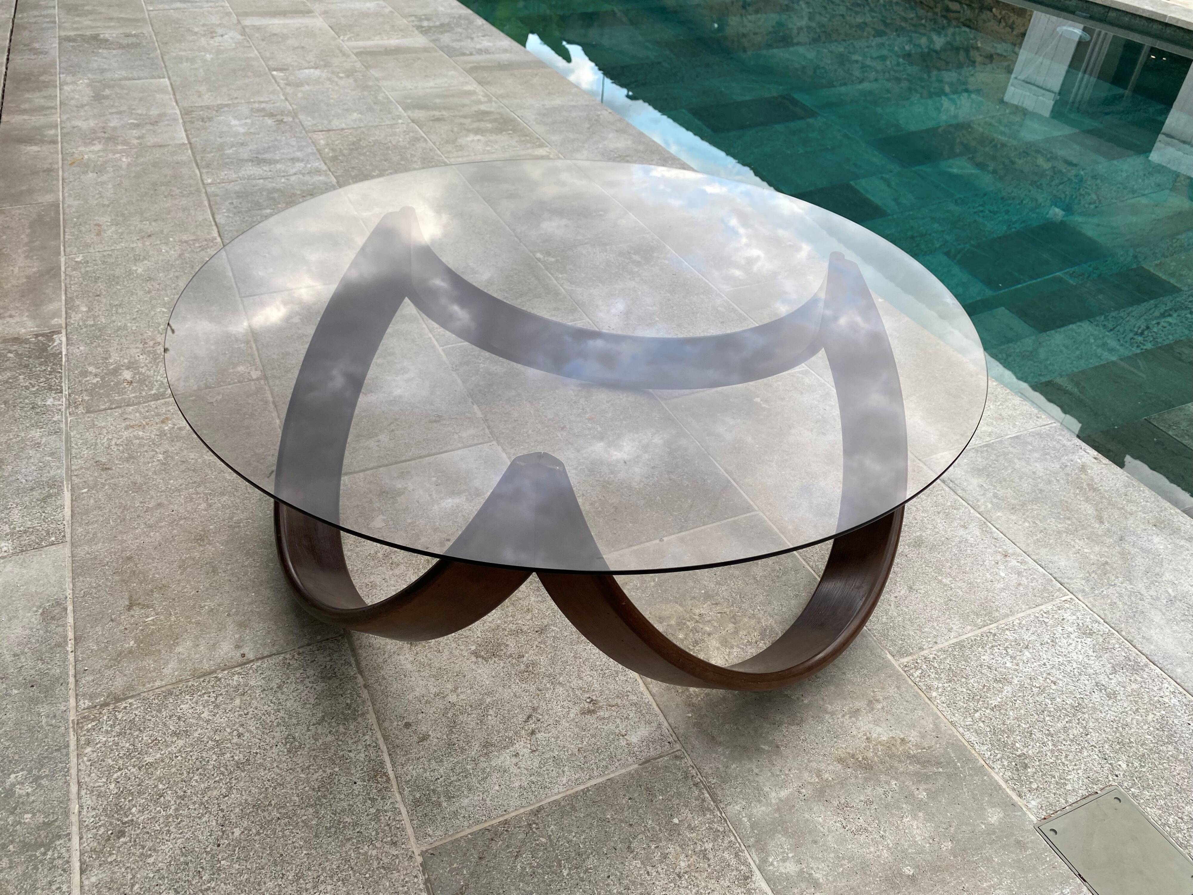 Vintage 1970s organic wood glass round coffee table