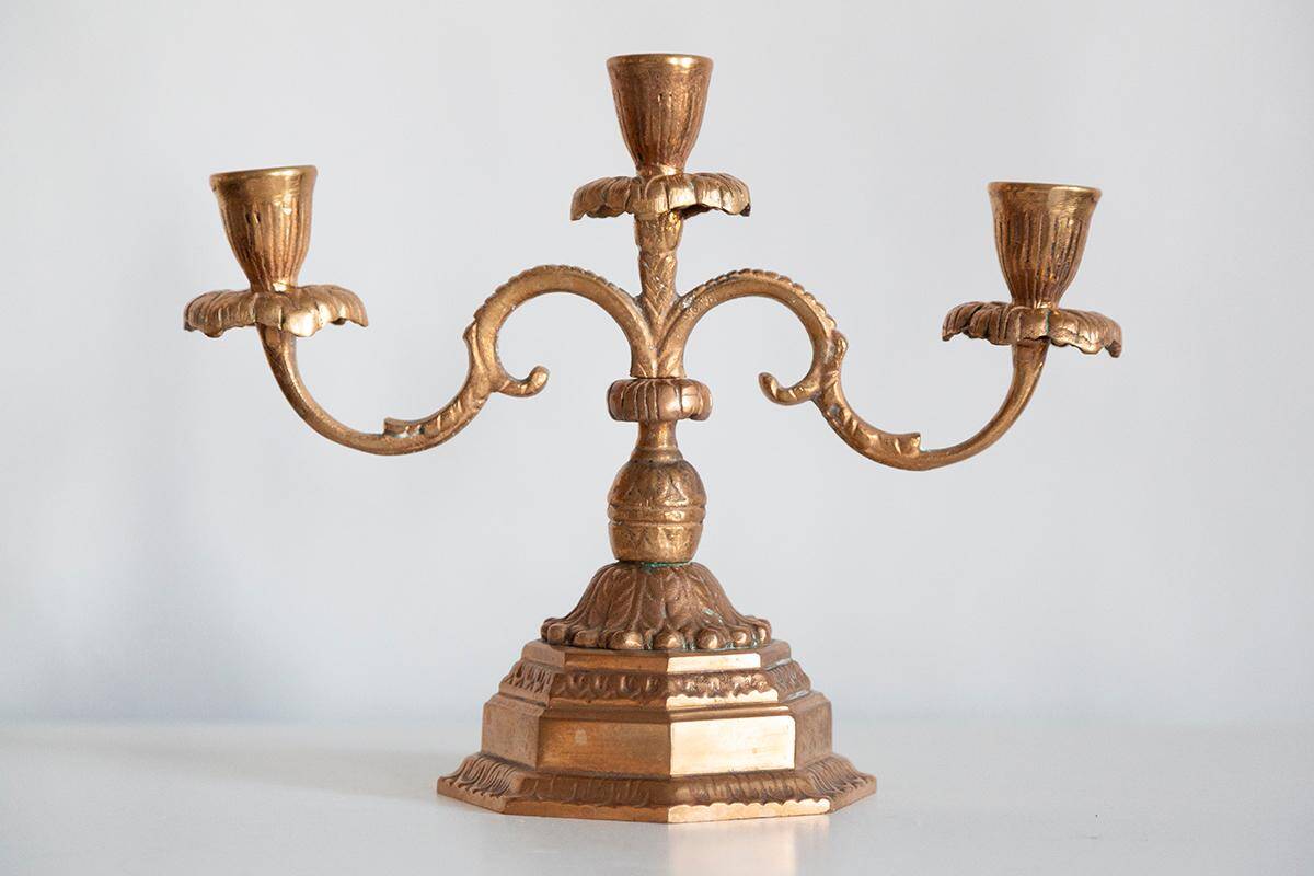 Decorative golden metal candle holders from the mid-20th century, Menora, France, 1960s.