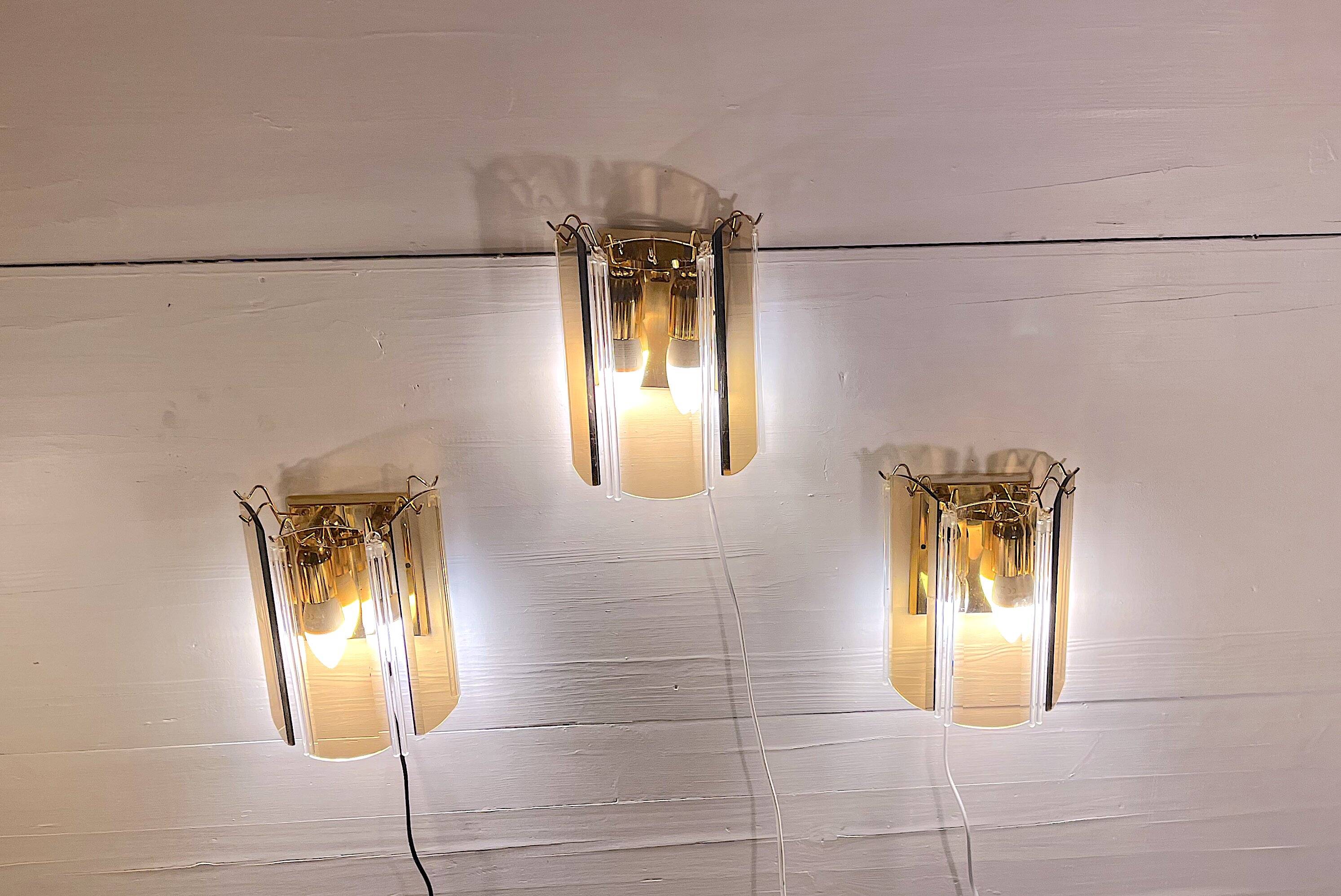 Three Venini Sconces, beveled smoked glass, Italy, 1970