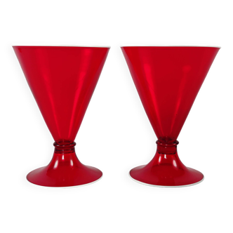 Pair Of Large 1920s Murano MVM Cappellin Red Soffiato Goblets w/ Lattimo Trail Rims