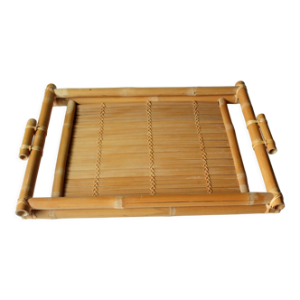 Large handmade bamboo rattan serving tray, vintage