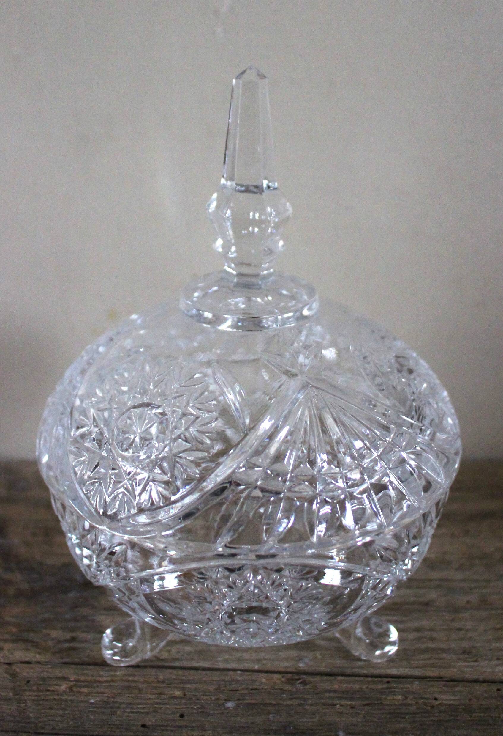 Cut glass sweet jar on feet