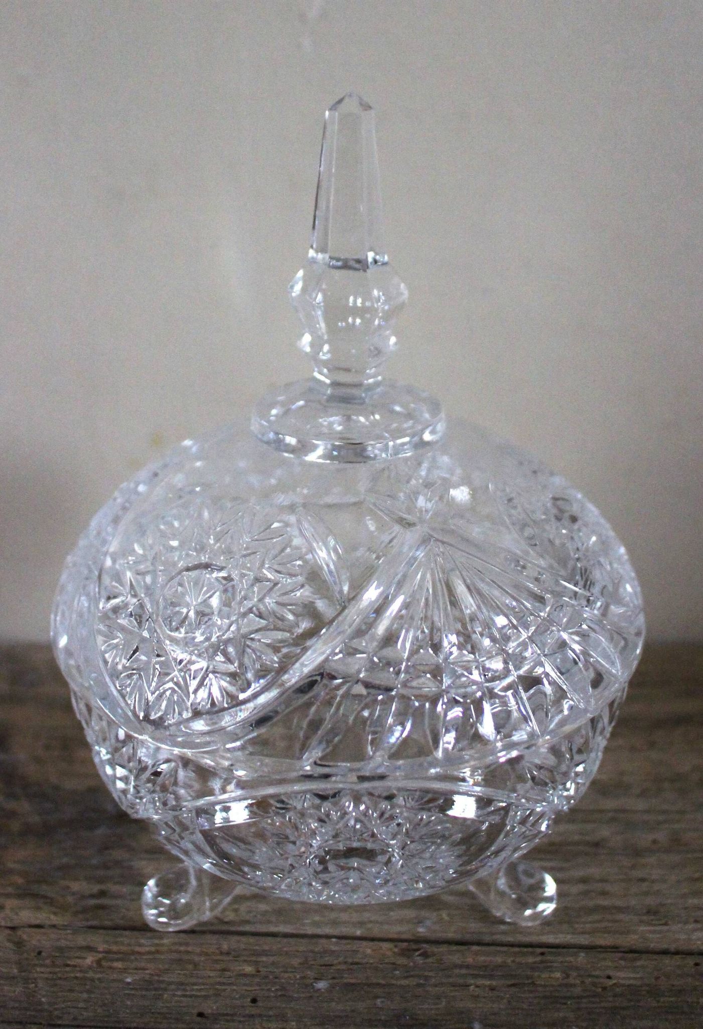 Cut glass sweet jar on feet