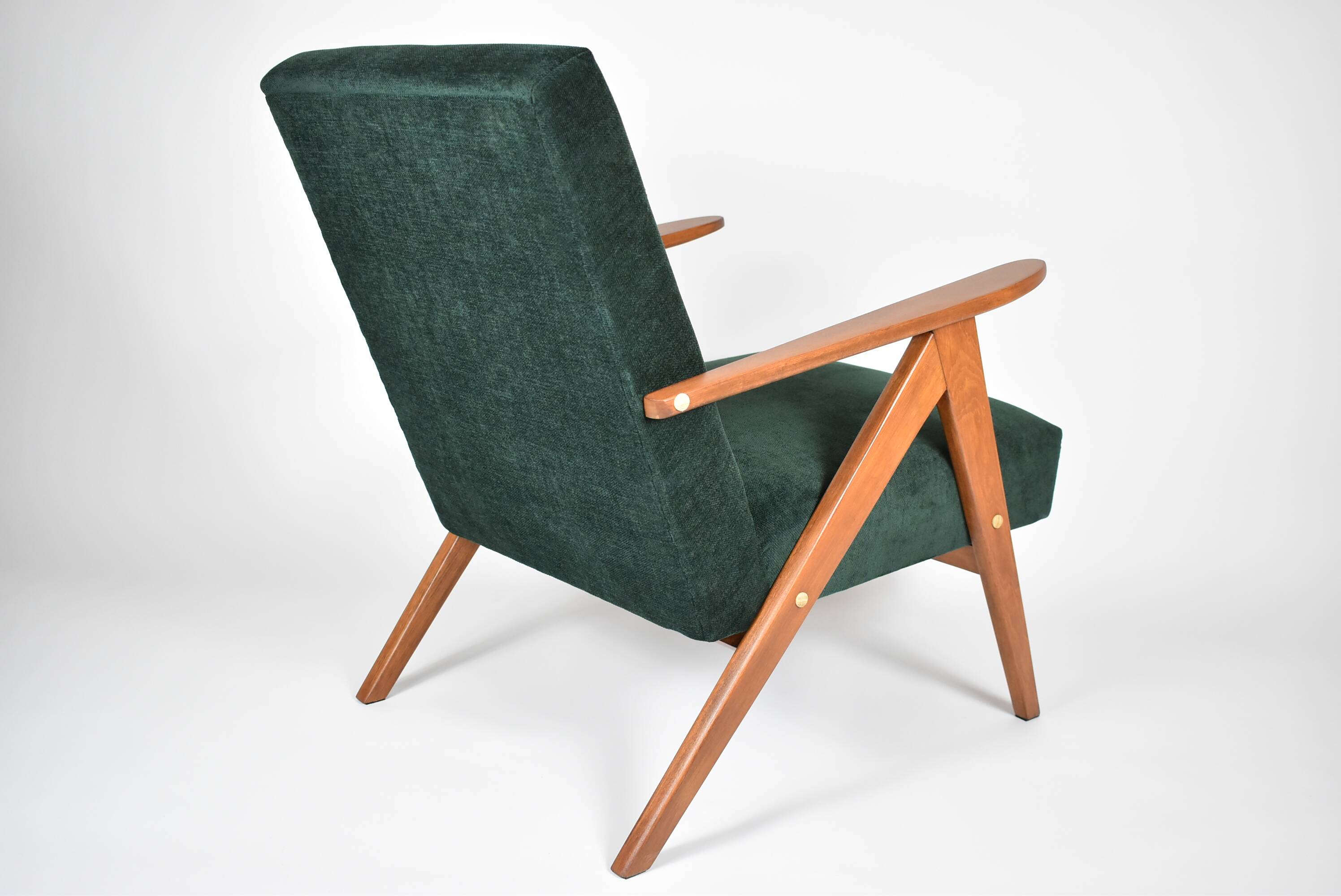Fauteuil compas restauré, tissu vert forêt, bois de teck, 1960