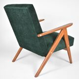 Fauteuil compas restauré, tissu vert forêt, bois de teck, 1960