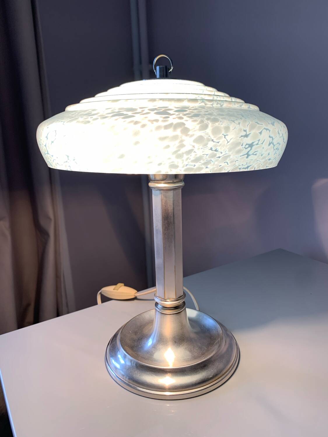 Antique table lamp with silver base and Clichy glass