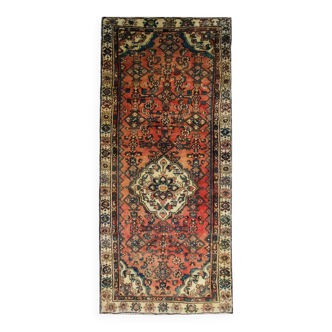 Rust Floral Wool Stair Runner, Hand-Knotted Central Medallion Runner 94x240