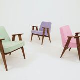 Pastel pistachio wool fabric Scandinavian armchair, oak wood.