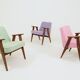 Pastel pistachio wool fabric Scandinavian armchair, oak wood.
