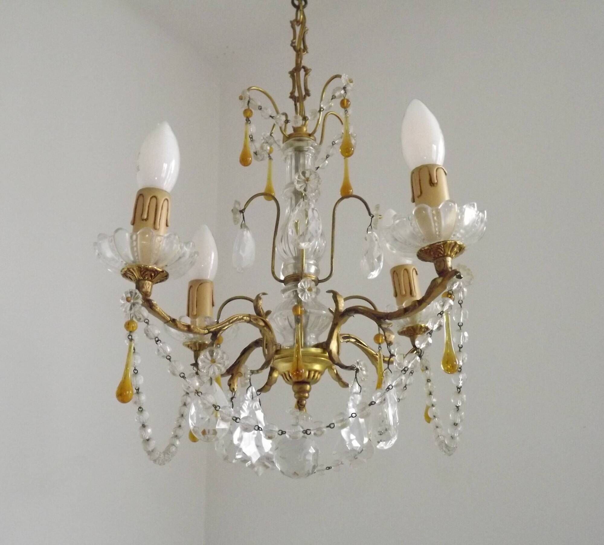 Vintage 4-Light Bronze, Glass & Crystal Chandelier with Amber Glass Drops
