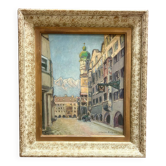 Peinture à l'huile de paysage urbain impressionniste vintage