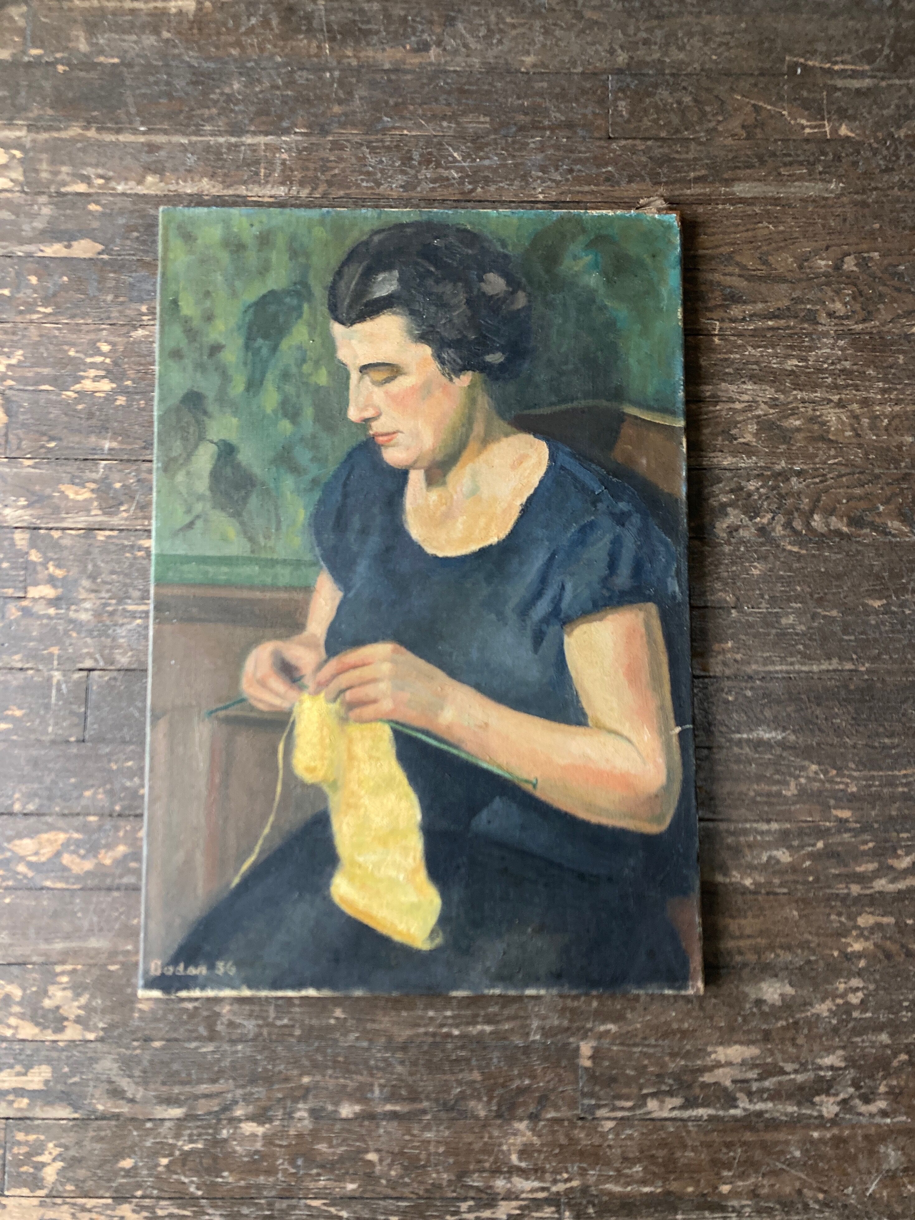 Portrait Woman knitting interior scene oil on canvas 1936