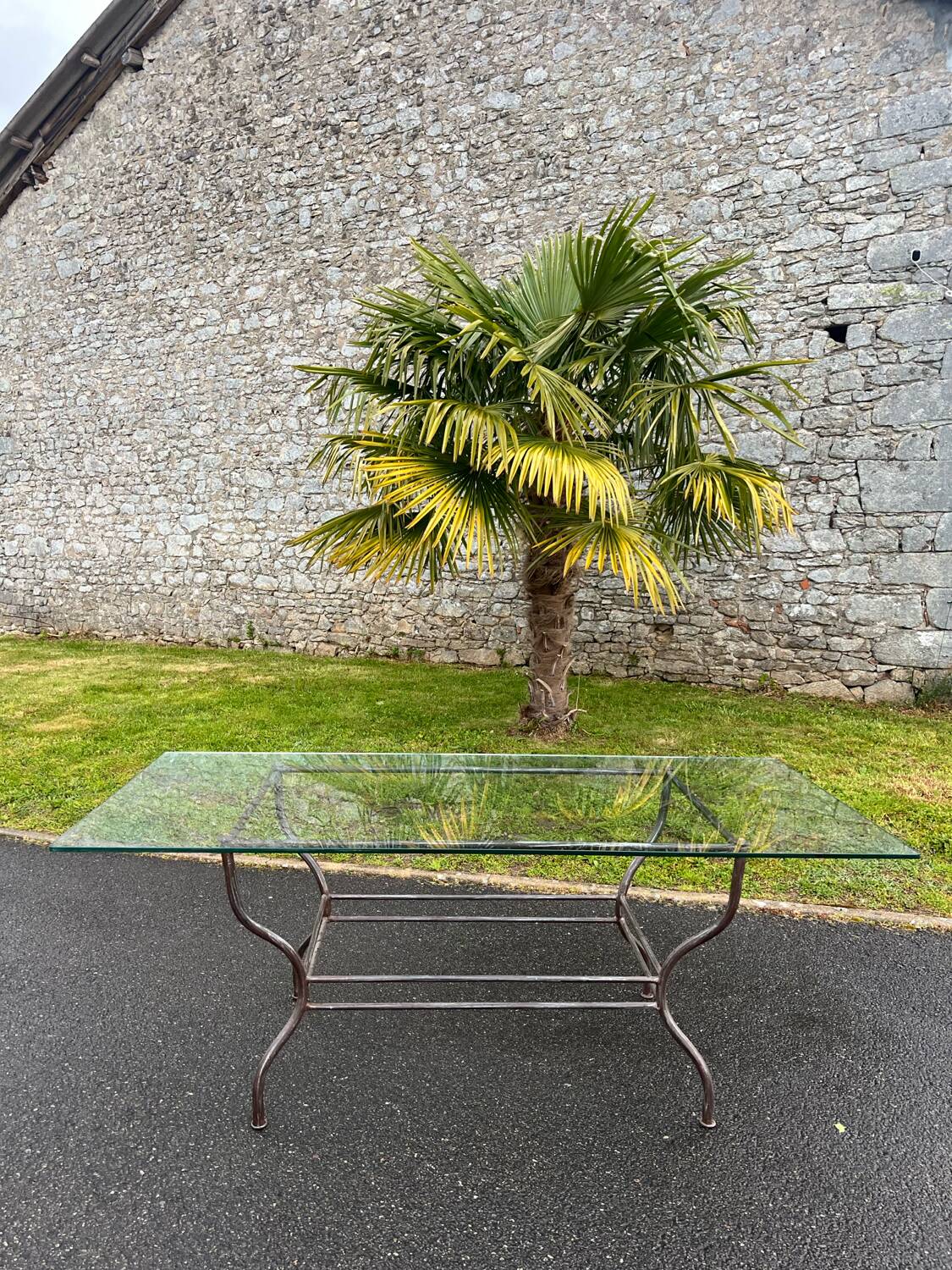 Rectangular table translucent glass top metal base vintage 1980
