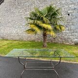 Rectangular table translucent glass top metal base vintage 1980