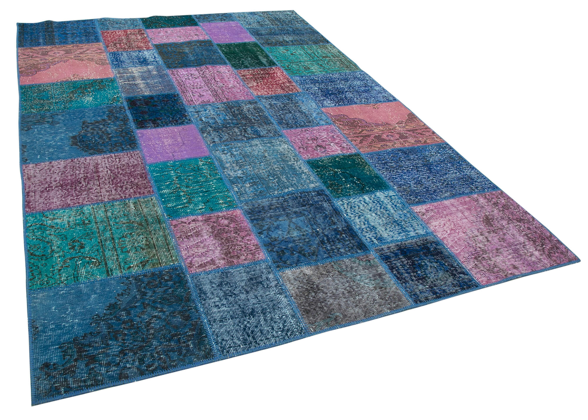 Hand-knotted anatolian 202 cm x 300 cm blue patchwork rug