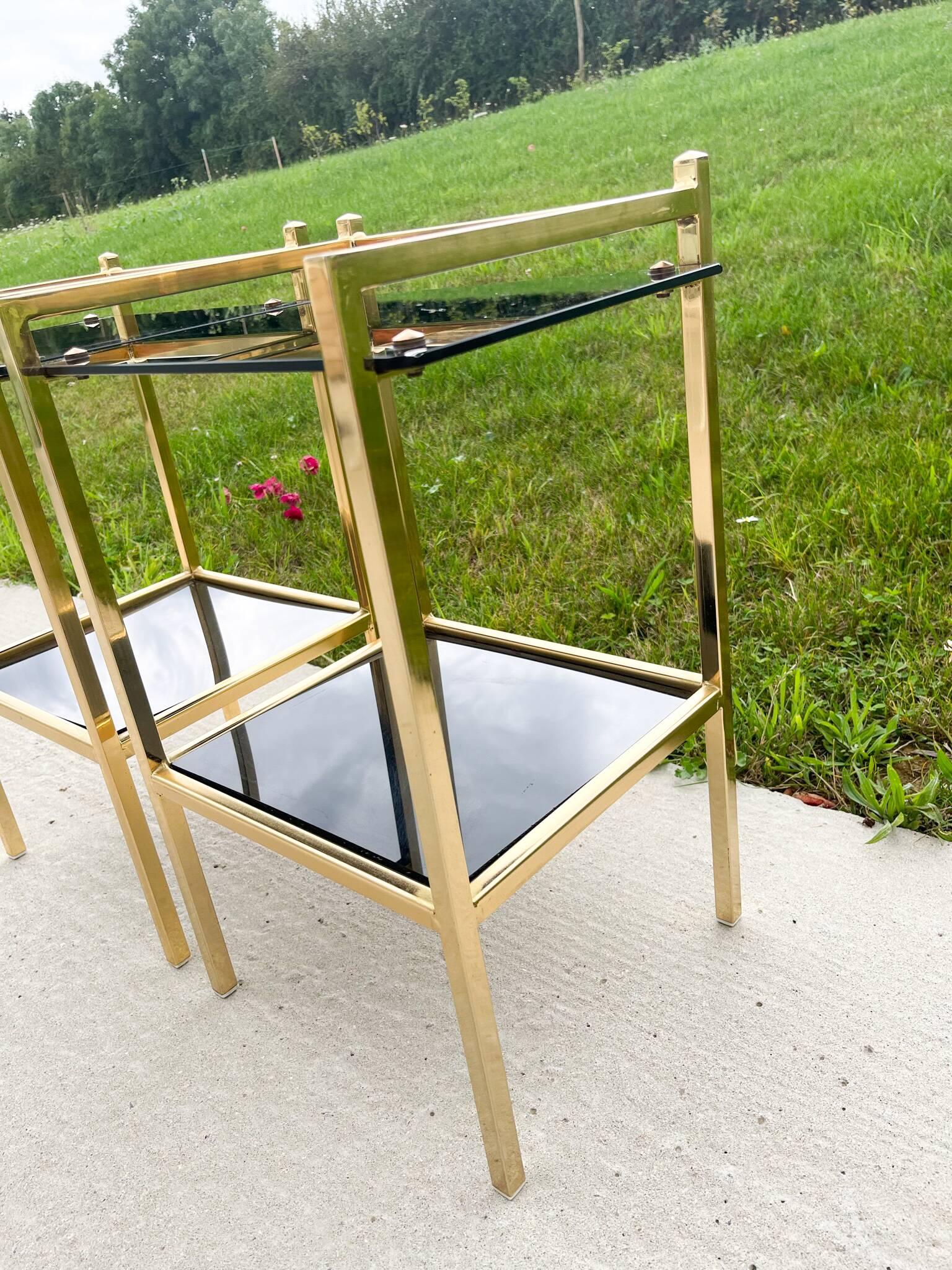 Pair of bedside tables or side tables, Hollywood Regency style,