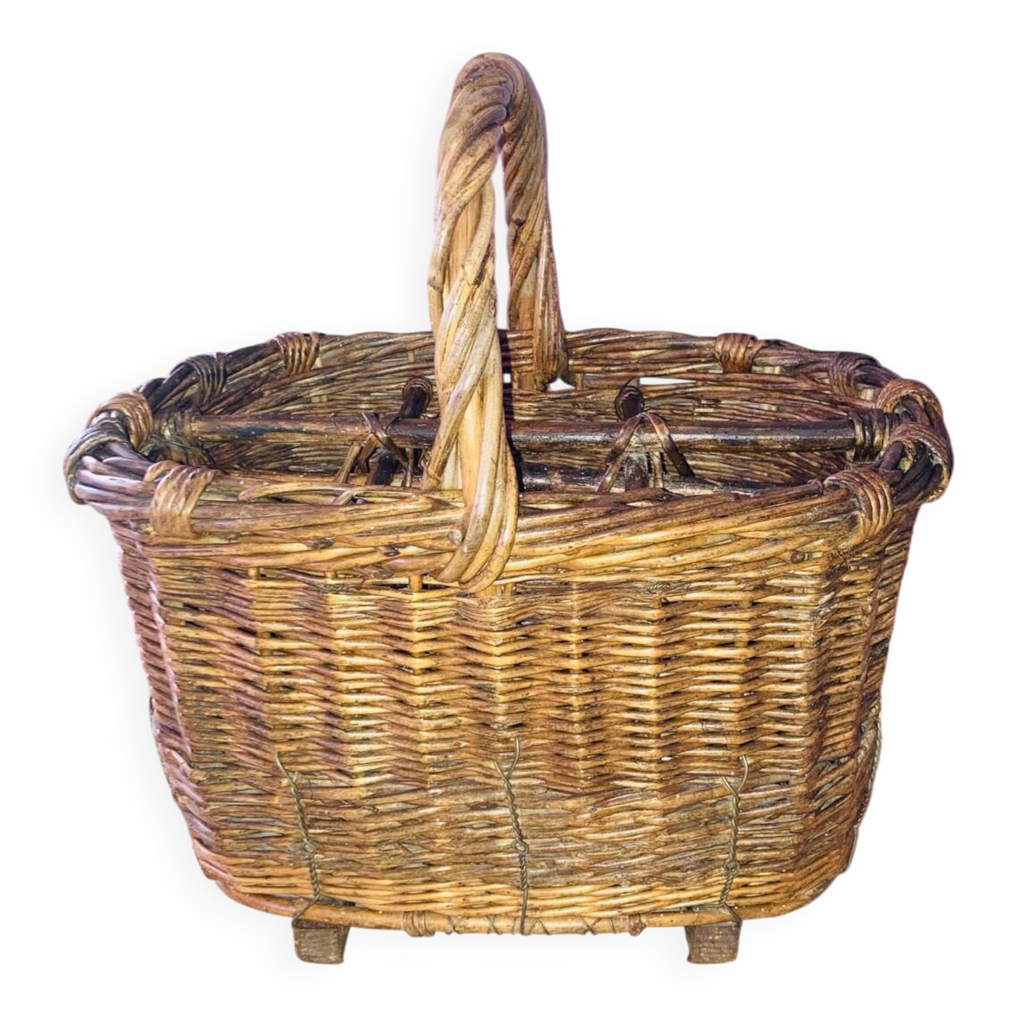 Wicker and hazel bottle basket from the early 20th century or possibly earlier.