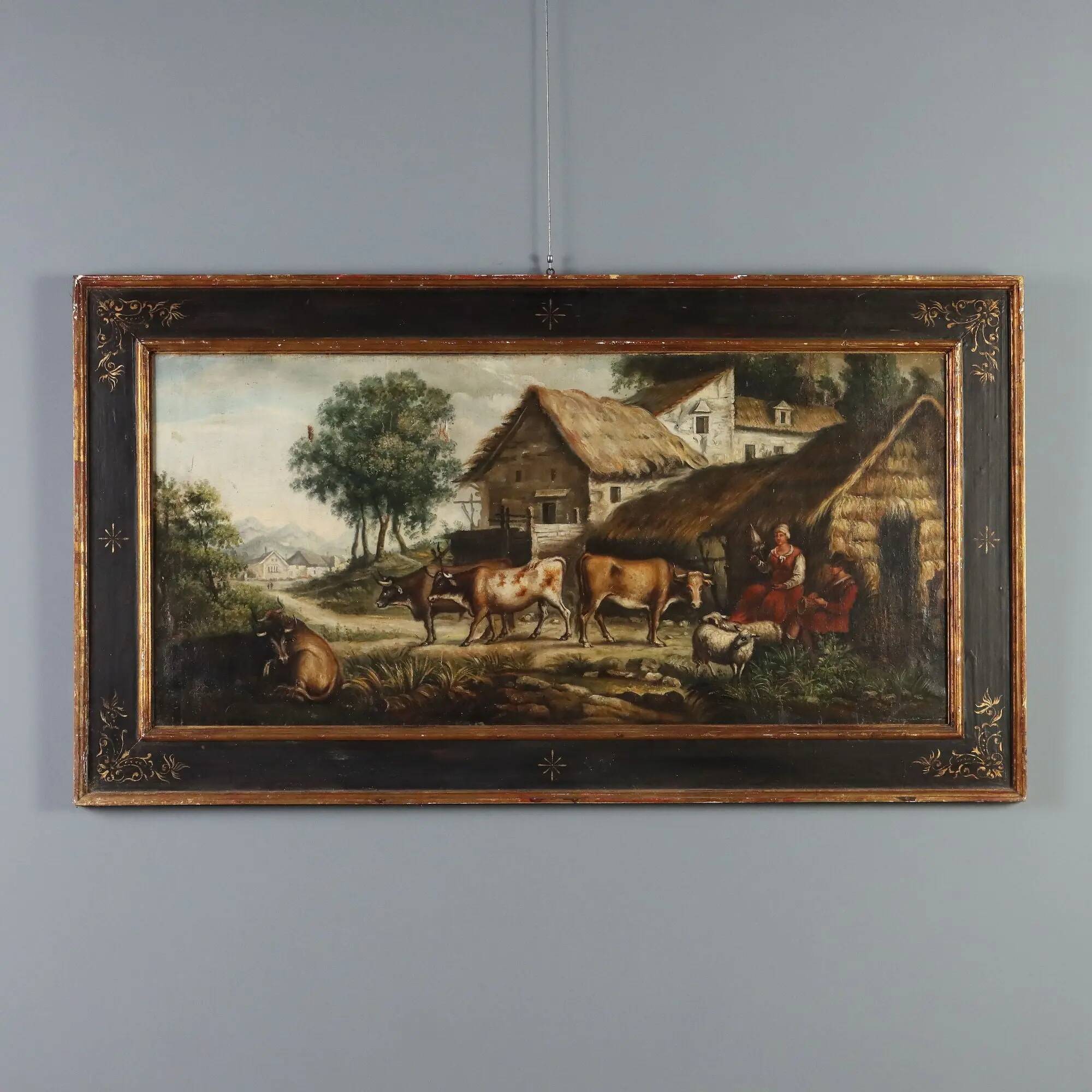 Ancient painting of a bucolic landscape, oil on canvas, Europe, 19th century.
