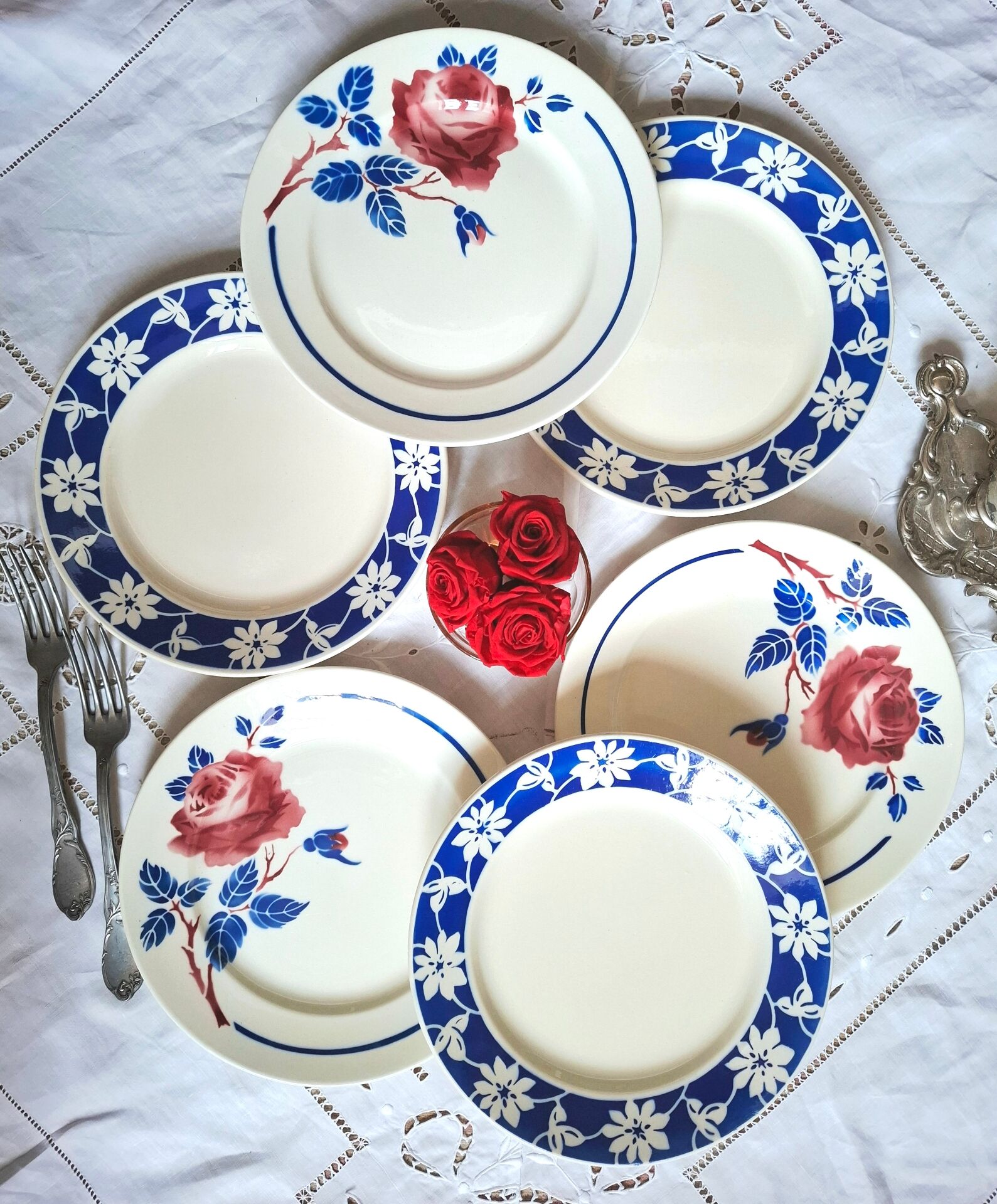 Old mismatched flat plates in earthenware